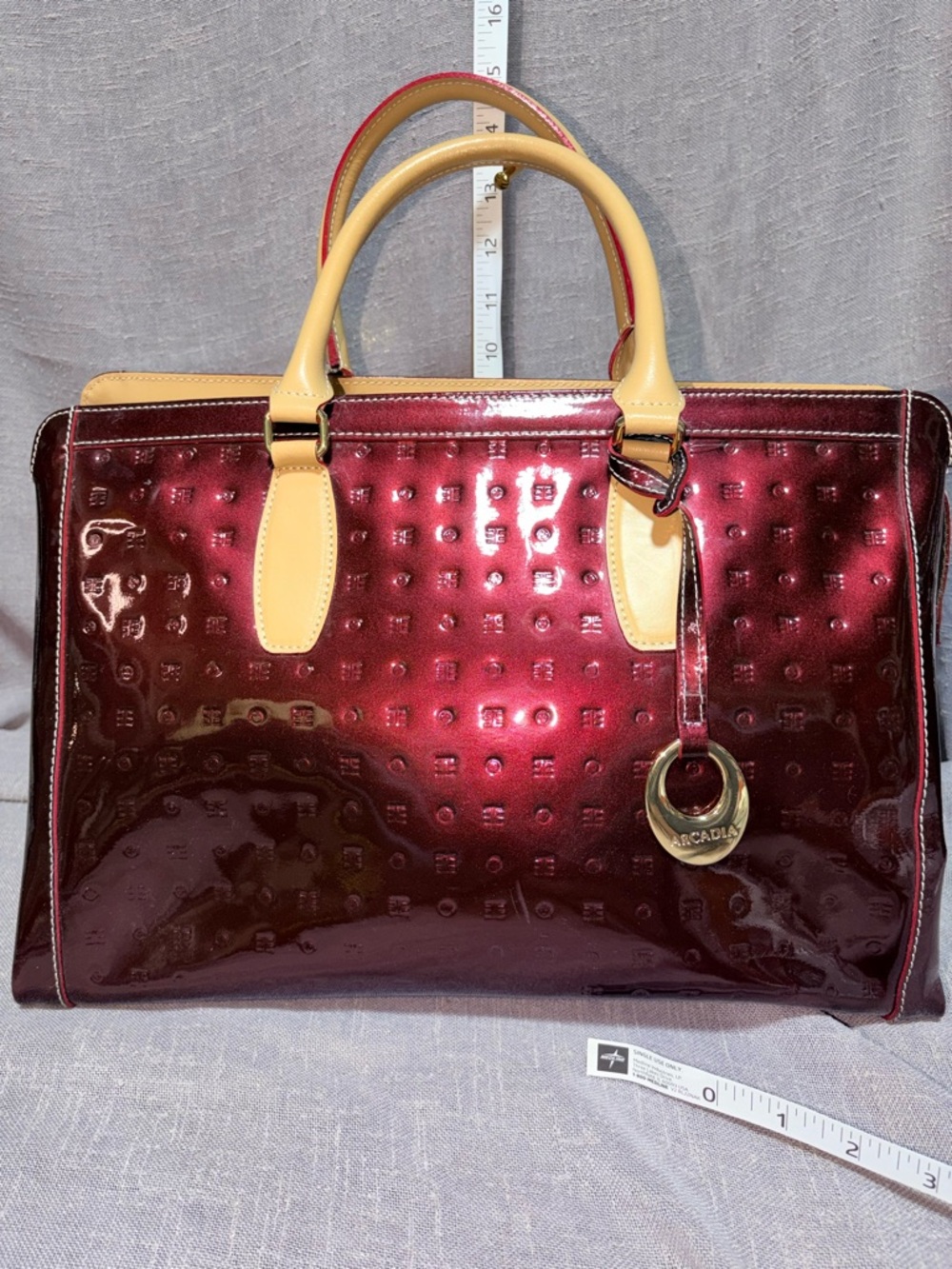 Arcadia Glossy Burgundy Patent Tote with Cream Handles